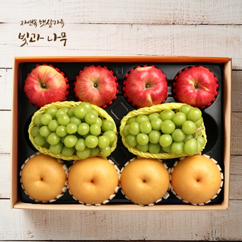 [작심밀도]빛과나무 사과.신고배.샤인머스켓 5kg(사과4입,배4입,샤인2입/특품) / 보자기
